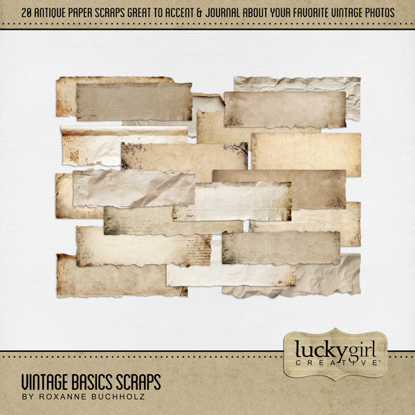 Perfect for layering on vintage digital scrapbooking pages, this kit by Lucky Girl Creative digital art will add the needed space for all your journaling and page titles. In neutral tones, these realistic paper scraps will be the perfect addition to all your genealogy and family history projects.