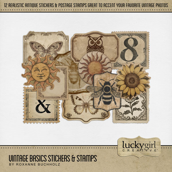 Perfect for layering on vintage digital scrapbooking pages, this kit by Lucky Girl Creative digital art will add a touch of warmth to your family photos. In neutral tones, these realistic antique stickers and postage stamps will be the perfect addition to all your genealogy and family history projects. Stickers include honey bee, butterfly, owl, sun, and sunflower. This kit is included in the Vintage Basics Mega Bundle.