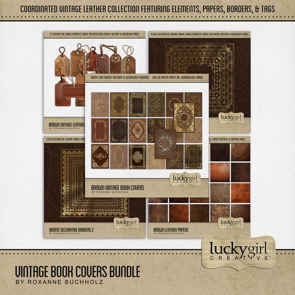 Accent your vintage family history and genealogy pages with these beautiful brown leather papers, ornate tags, vintage book covers, and gilded gold decorative borders by Lucky Girl Creative digital art for digital scrapbooking. Perfect for historical sites, the library, and masculine pages.