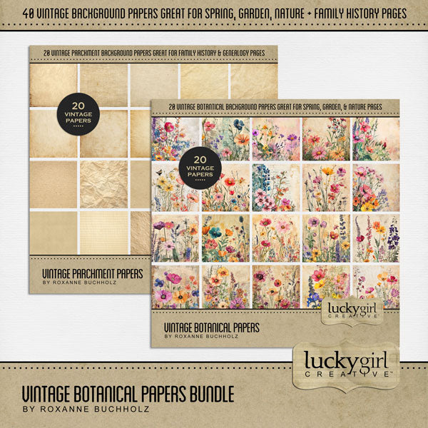 Accent your vintage, family history, and genealogy pages with these beautiful botanical floral and parchment background papers by Lucky Girl Creative digital art. Images include flowers, wildflowers, floral, and antique weathered, distressed, and wrinkled parchment papers.