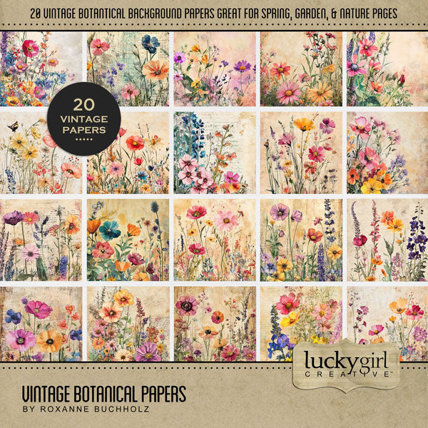 Accent your vintage, family history, and genealogy pages with these beautiful botanical floral background papers by Lucky Girl Creative digital art. This kit is included in the Vintage Botanical Papers Bundle.