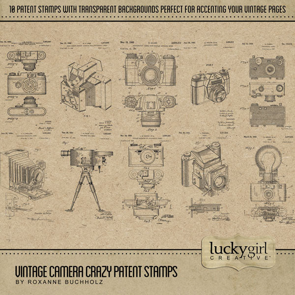 Vintage Camera Crazy Patent Stamps Digital Scrapbook Kit