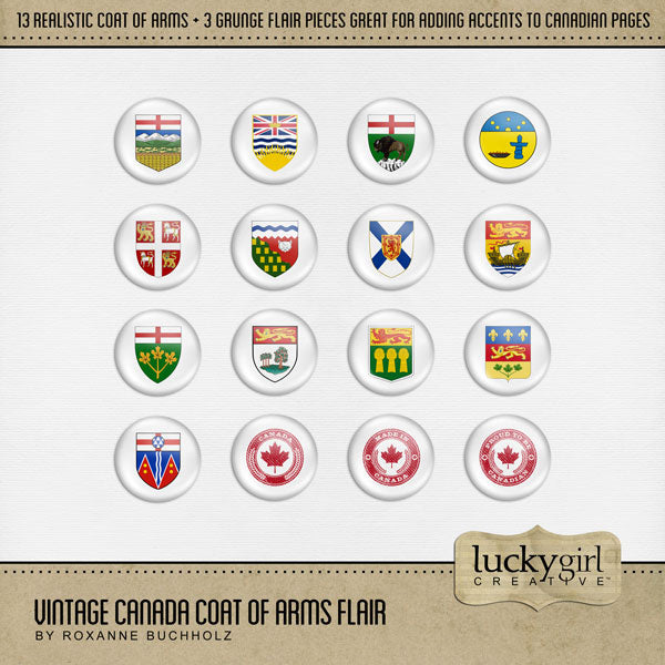 Celebrate your travel memories to Canada with the Coat of Arms of 10 provinces, 3 territories, and 3 generic Canadian flair pieces by Lucky Girl Creative digital art for digital scrapbooking. Great for Canadians or those that vacation to Canada. Coat of Arms embellishments include Alberta, British Columbia, Manitoba, New Brunswick, Newfoundland and Labrador, Nova Scotia, Ontario, Prince Edward Island, Quebec, Saskatchewan, Nunavut, Northwest Territories, and Yukon.