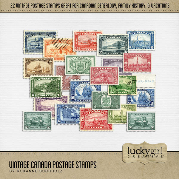 Celebrate your travel memories to Canada with these digital scrapbooking postage stamp embellishments by Lucky Girl Creative digital art great for Canadians, vacations to Canada, and family history and genealogy projects. Layer with your favorite photos and papers to create a warm and authentic scrapbooking look.