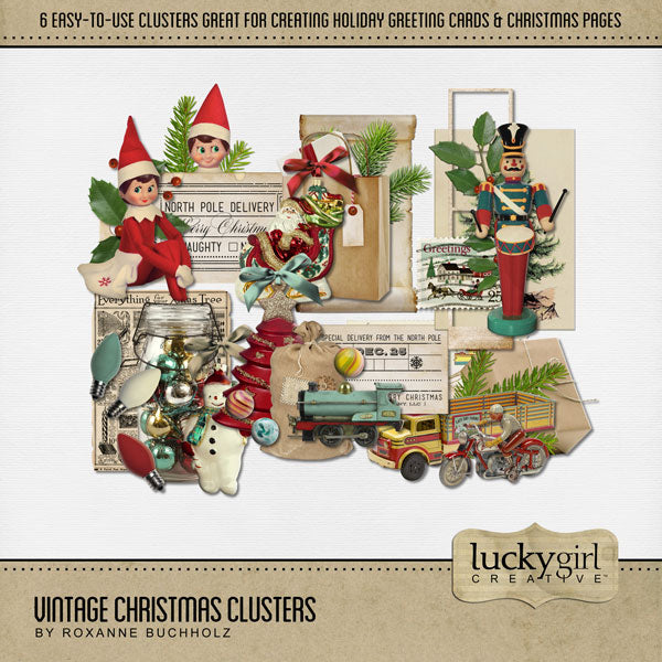 Add these beautiful holiday clusters by Lucky Girl Creative digital art to all your digital scrapbooking pages to easily create memorable holiday greeting cards, seasonal decor, and Christmas pages. This kit is included in the Christmas Clusters 2 Bundle.