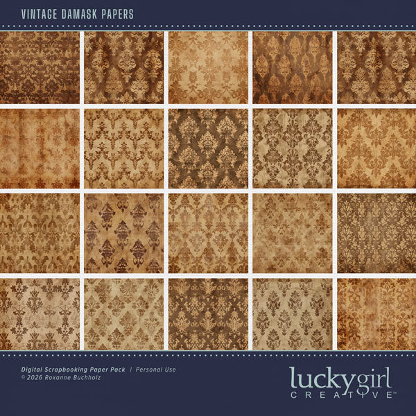With distressed damask patterns, these digital scrapbooking background papers by Lucky Girl Creative digital art will add that touch of interest and authenticity to all your pages. This kit is included in the Paper Duo Vintage Damask Kit.