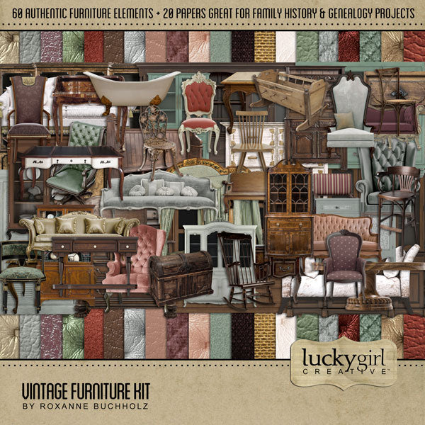 This digital art kit by Lucky Girl Creative is full of vintage furniture embellishments and upholstery fabric papers. Made from childhood and family memories, this kit is perfect for recalling favorite pieces of furniture found in grandma and grandpa's home.