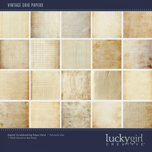 With distressed grids on parchment, these digital scrapbooking background papers by Lucky Girl Creative digital art will add that touch of interest and authenticity to all your pages. This kit is included in the Paper Duo Vintage Damask Kit.