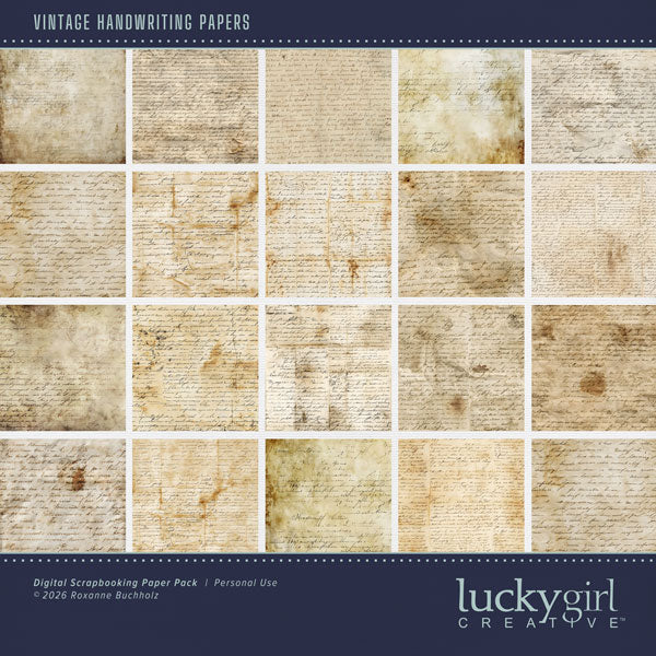 With handwritten notes on parchment, these digital scrapbooking background papers by Lucky Girl Creative digital art will add that touch of interest and authenticity to all your pages. Great for family history, heritage, and genealogy pages. This kit is included in the Paper Duo Vintage Handwriting Kit.