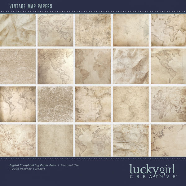 With antique parchment with vintage maps, these digital scrapbooking background papers by Lucky Girl Creative digital art will add that touch of interest and authenticity to all your pages. This kit is included in the Paper Duo Vintage Maps Kit.