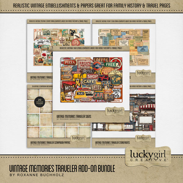 A perfect pairing to the popular Vintage Memories Traveler Bundle, this new collection by Lucky Girl Creative digital art adds vintage travel elements to extend the original offering. Great for family history, genealogy, and heritage projects! Embellishments include postage stamps, antique signs, ticket stubs, vintage storefronts, and grunge travel papers. Transportation themes include train, railroad, bus, automobile, car, airplane, plane, hot air balloon, clipper ship, cruise ship, motorcycle.