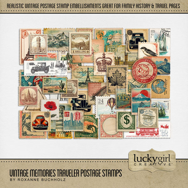 A perfect pairing to the popular Vintage Memories Traveler Bundle, this new collection by Lucky Girl Creative digital art adds vintage postage stamp elements to extend the original offering. Great for family history, genealogy, and heritage projects! Stamps include Eiffel Tower, mountain, leaf, world, map, Leaning Tower of Pisa, cactus, vintage automobile, Big Ben, crown, hand, feather, maple leaf, hot air balloon, cable car, train, San Francisco, poppy, flower, ship, boat, bird, globe, Japan, lighthouse