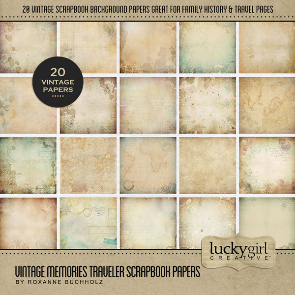 A perfect pairing to the popular Vintage Memories Traveler Bundle, this new paper collection by Lucky Girl Creative digital art adds vintage backgrounds to extend the original offering. Great for family history, genealogy, and heritage projects! This kit is included in the Vintage Memories Traveler Add-On Bundle.