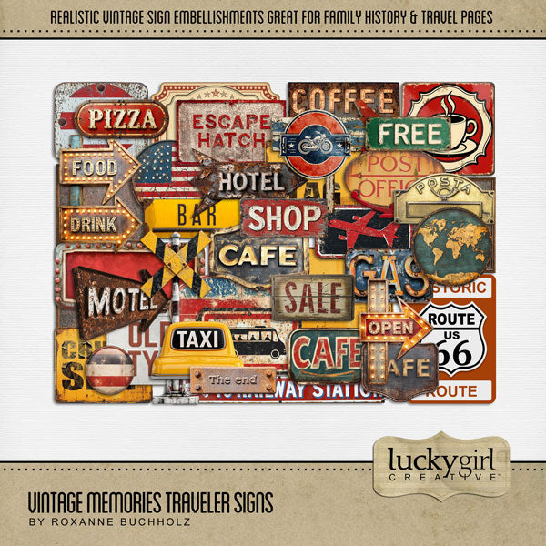 A perfect pairing to the popular Vintage Memories Traveler Bundle, this new collection by Lucky Girl Creative digital art adds vintage travel sign elements to extend the original offering. Great for family history, genealogy, and heritage projects! Signage includes label, tag, American flag, food, drink, arrow, cruise ship, old style, bar, escape hatch, jet lag, metal, wood, cafe, railway station, train, bus, coffee, restaurant, cake, hotel, subway, airplane, motel, post office, Route 66, post office box