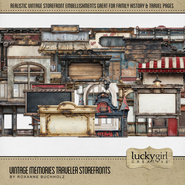A perfect pairing to the popular Vintage Memories Traveler Bundle, this new collection by Lucky Girl Creative digital art adds vintage travel storefronts and retail buildings to extend the original offering. Great for family history, genealogy, and heritage projects! Retail storefronts include signage, window, door, awning, wood, hanging signs, and more. This kit is included in the Vintage Memories Traveler Add-On Bundle.