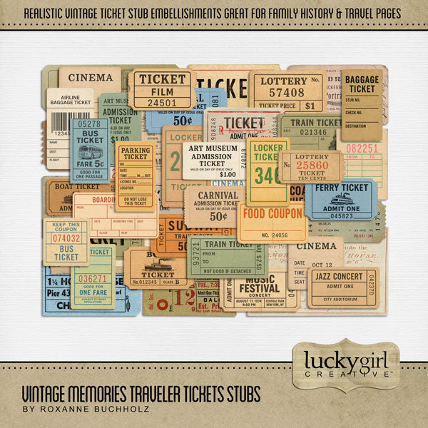 A perfect pairing to the popular Vintage Memories Traveler Bundle, this new collection by Lucky Girl Creative digital art adds vintage travel ticket stub elements to extend the original offering. Stubs include bus, train, rodeo, portrait gallery, boat, cinema, carnival, music festival, locker, art museum, ferry, baggage ticket, jazz concert, film, lottery, parking, boarding pass, coat check, and more. This kit is included in the Vintage Memories Traveler Add-On Bundle.