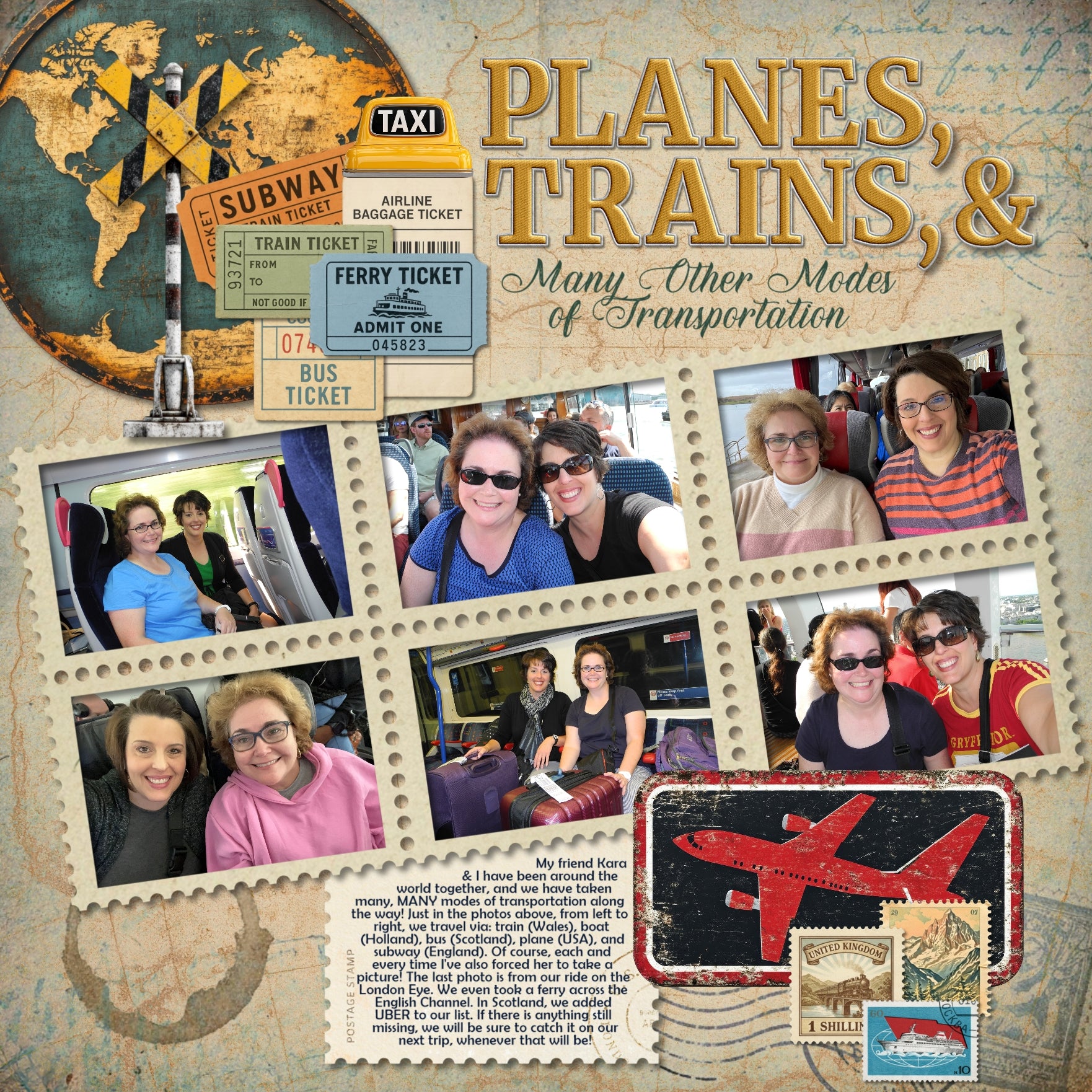 A perfect pairing to the popular Vintage Memories Traveler Bundle, this new collection by Lucky Girl Creative digital art adds vintage travel elements to extend the original offering. Great for family history, genealogy, and heritage projects! Embellishments include postage stamps, antique signs, ticket stubs, vintage storefronts, and grunge travel papers. Transportation themes include train, railroad, bus, automobile, car, airplane, plane, hot air balloon, clipper ship, cruise ship, motorcycle.