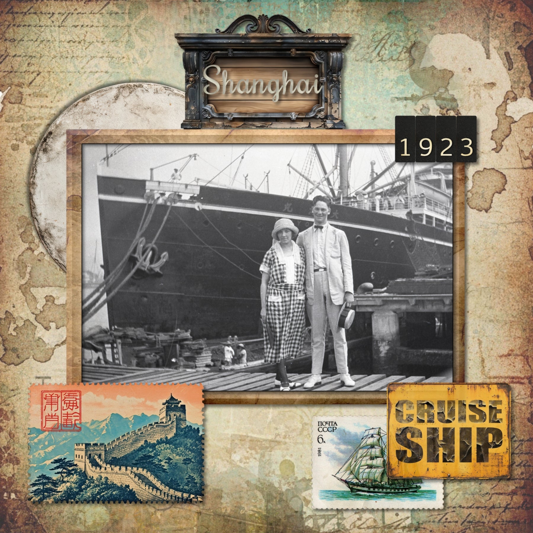 A perfect pairing to the popular Vintage Memories Traveler Bundle, this new collection by Lucky Girl Creative digital art adds vintage travel elements to extend the original offering. Great for family history, genealogy, and heritage projects! Embellishments include postage stamps, antique signs, ticket stubs, vintage storefronts, and grunge travel papers. Transportation themes include train, railroad, bus, automobile, car, airplane, plane, hot air balloon, clipper ship, cruise ship, motorcycle.