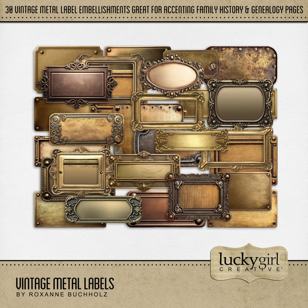 Accent your vintage family history and genealogy pages with these beautiful metal labels by Lucky Girl Creative digital art for digital scrapbooking that will add that special touch to your page titles, journaling, and heritage family photos. This kit is included in the Vintage Metal Labels & Tags.