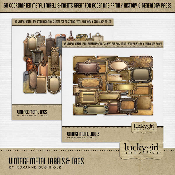 Accent your vintage family history and genealogy pages with these beautiful metal labels and tags by Lucky Girl Creative digital art for digital scrapbooking that will add that special touch to your page titles, journaling, and heritage family photos. This kit includes the Vintage Metal Labels and Vintage Metals Tags.