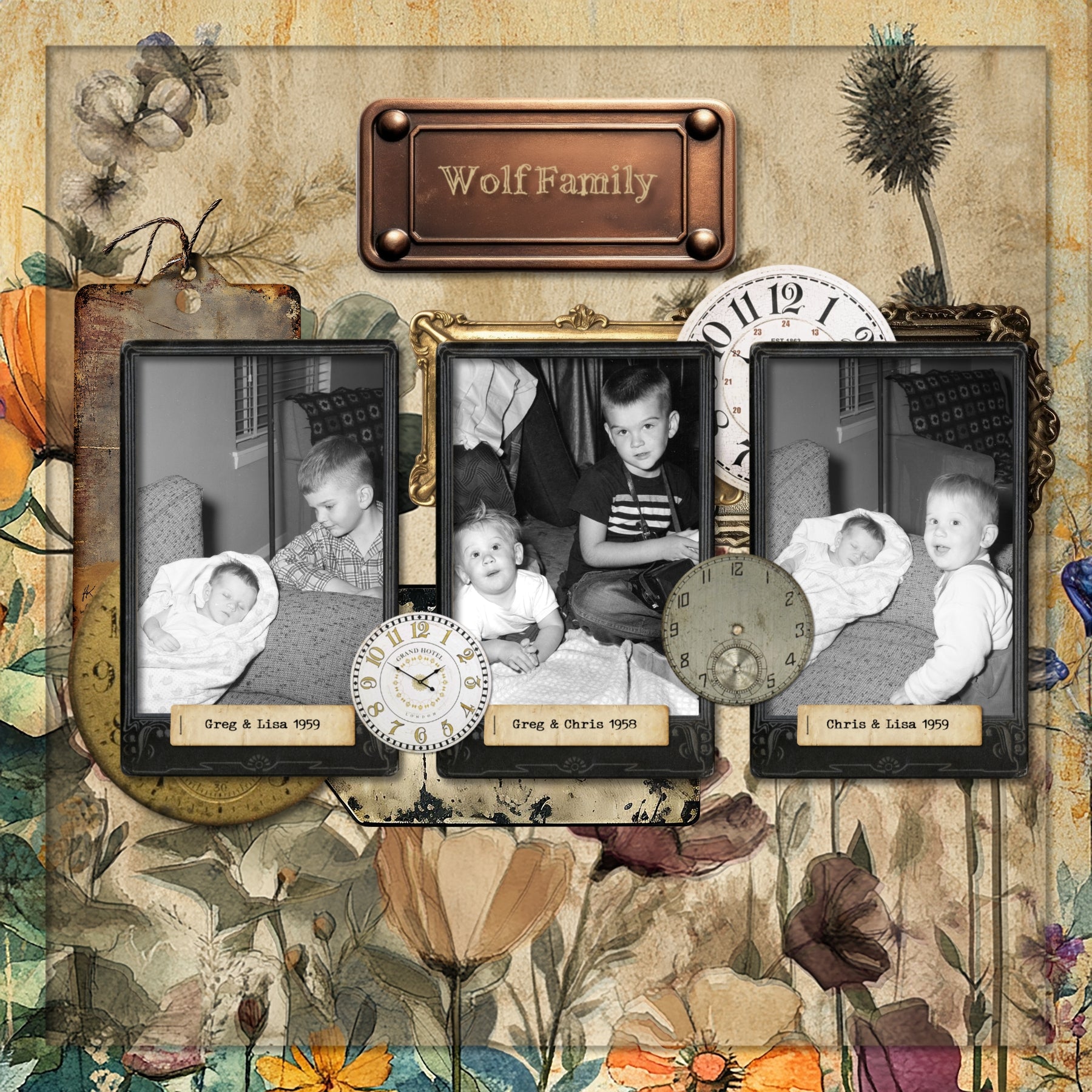 Accent your vintage family history and genealogy pages with these beautiful metal labels and tags by Lucky Girl Creative digital art for digital scrapbooking that will add that special touch to your page titles, journaling, and heritage family photos. This kit includes the Vintage Metal Labels and Vintage Metals Tags.