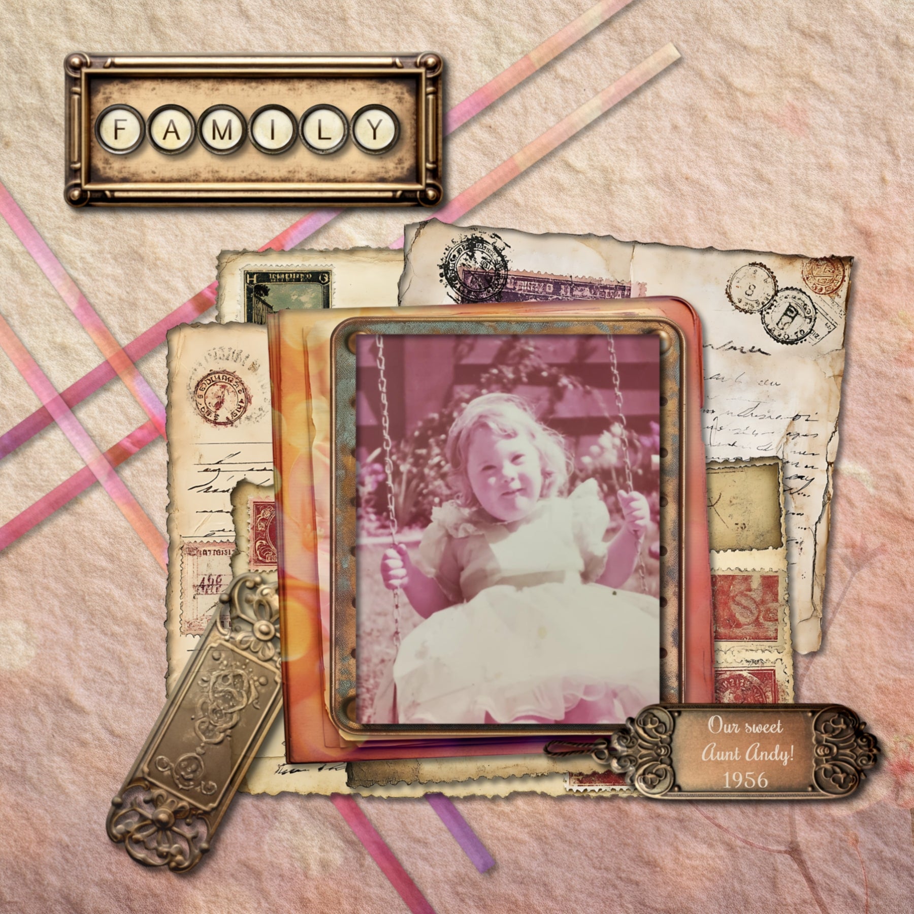 Accent your vintage family history and genealogy pages with these beautiful metal labels and tags by Lucky Girl Creative digital art for digital scrapbooking that will add that special touch to your page titles, journaling, and heritage family photos. This kit includes the Vintage Metal Labels and Vintage Metals Tags.