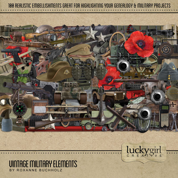 This Vintage Military Digital Scrapbook Kit by Lucky Girl Creative has everything you need to celebrate and honor your favorite soldier or military hero - no matter what country you're from. Each element is unique and perfect for telling your vintage or genealogy story.