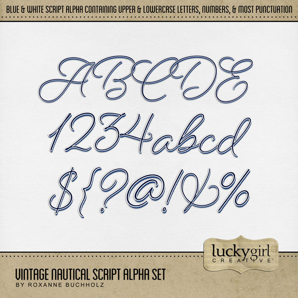 Create beautiful nautical page titles with these navy blue and white digital scrapbooking alphabet letters, numbers, and punctuation by Lucky Girl Creative digital art. Great for vacations to Cape Cod, coastal Maine, New England, Rhode Island, Outer Banks, North Carolina, Massachusetts South Coast, ocean, beach, coastal, and nautical digital scrapbooking pages. The Vintage Nautical Script Alpha Set consists of a full set of digital art uppercase letters A-Z, lowercase letters a-z, numbers 0-9