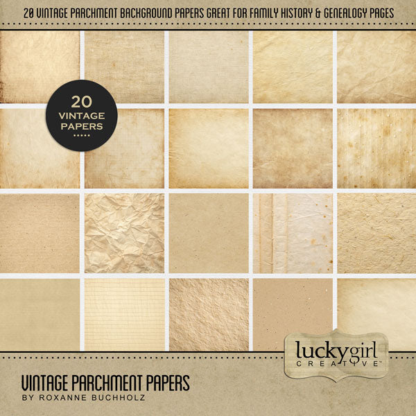 Accent your vintage, family history, and genealogy pages with these beautiful parchment background papers by Lucky Girl Creative digital art. This kit is included in the Vintage Botanical Papers Bundle.
