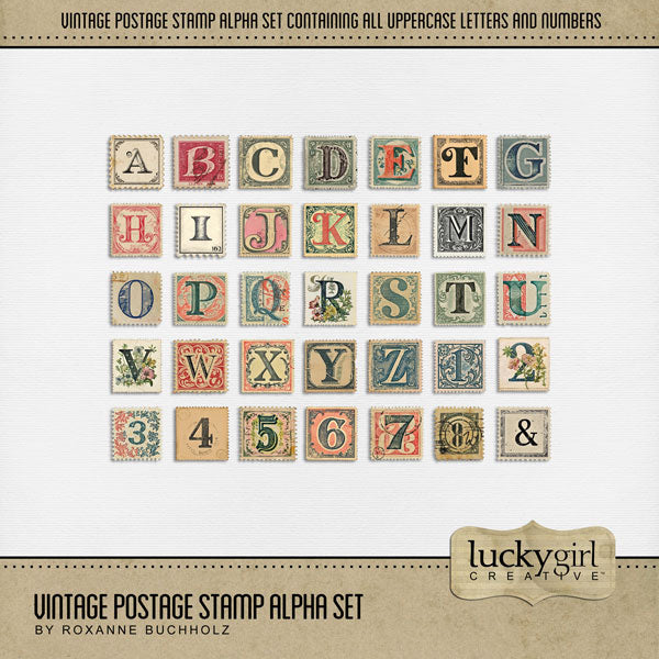 Add these vintage postage stamps including alphabet letters and numbers by Lucky Girl Creative digital art to all your digital scrapbooking pages and mix-and-match them on various projects throughout the year! Great for monograms, family history, heritage, and genealogy projects! The Vintage Postage Stamp Alpha consists of a full set of digital art uppercase alphabet letters A-Z, numbers 0-9, and an ampersand and dollar sign. This alpha set is available as individual embellishments only.