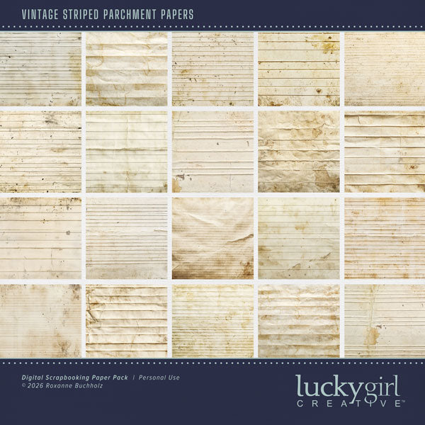 With folded vintage parchment, these digital scrapbooking background papers by Lucky Girl Creative digital art will add that touch of interest and authenticity to all your pages. Great for family history, heritage, and genealogy pages. This kit is included in the Paper Duo Vintage Handwriting Kit.