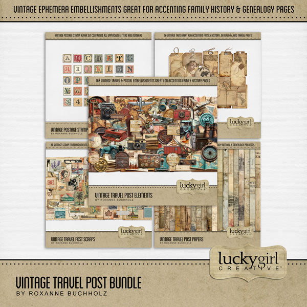 Inspired by old newspapers, map ephemera, travel postcards, and antique postage stamps, these digital scrapbooking embellishments, papers, and alpha set by Lucky Girl Creative digital art are great for accenting family history, heritage, travel, genealogy pages and even junk travel journals! Embellishments include antique airplane, delivery truck, automobile, binoculars, documents, antique papers, vintage cameras, and more.