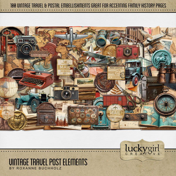 Inspired by old newspapers, map ephemera, travel postcards, and antique postage stamps, these digital scrapbooking embellishments by Lucky Girl Creative digital art are great for accenting family history, heritage, travel, genealogy pages and even junk travel journals! Embellishments include antique airplane, delivery truck, automobile, binoculars, documents, antique papers, vintage cameras, box, notebook paper, and more!