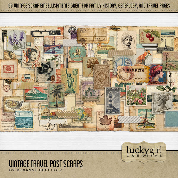 Inspired by old newspapers, map ephemera, travel postcards, and antique postage stamps, these digital scrapbooking embellishments by Lucky Girl Creative digital art are great for accenting family history, heritage, travel, and genealogy pages! Embellishments include antique letters, travel postcards, envelopes, document paper, washi tape, and postage stamps including Statue of Liberty, Eiffel Tower, Golden Gate Bridge, and more.