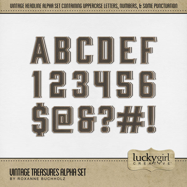 Create your own digital scrapbooking titles with these stylish vintage alphabet letters, numbers, and some punctuation by Lucky Girl Creative. Great for genealogy and family history albums and digital art pages. The Vintage Treasures Alpha Set consists of a full set of digital art uppercase letters A-Z, numbers 0-9, and some punctuation marks. This alpha set is available as individual embellishments only. 