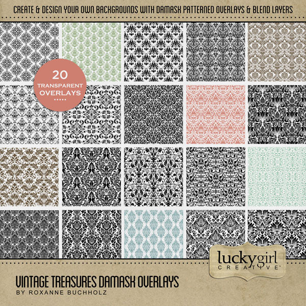 Create your own digital scrapbooking papers with these stylish vintage damask overlays by Lucky Girl Creative. Fill the ornate patterns with your favorite color, photo, or paper to create a unique patterned effect and one-of-a-kind background paper.
