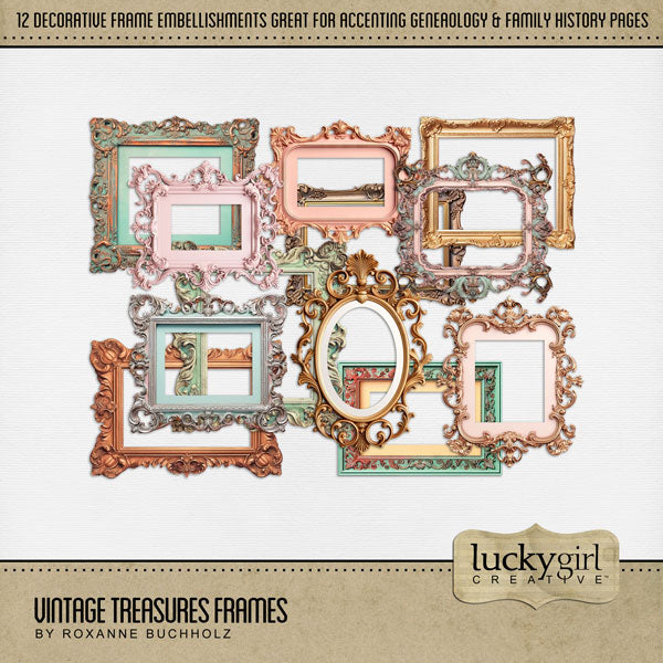 Great for genealogy and family history albums and keepsake digital art pages, these ornate photo frames by Lucky Girl Creative are perfect for layering with your antique photographs to give that realistic vintage look.