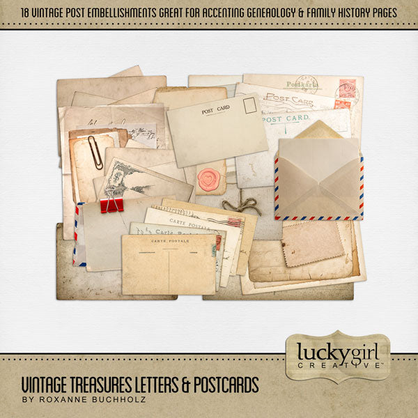 Great for genealogy and family history albums and digital art pages, these antique postcards, letters, and papers by Lucky Girl Creative are neutral enough for all your projects. Add layered embellishments to your pages to give that realistic vintage look.