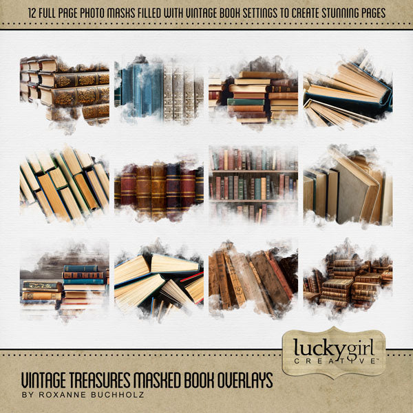 Great for genealogy and family history albums and keepsake digital art pages, these beautiful vintage book and library overlays with transparent edges by Lucky Girl Creative blend seamlessly into any background paper and make the perfect backdrop for authentic scrapbook pages. Overlays include stacks of books, bookshelves, library books, and more!