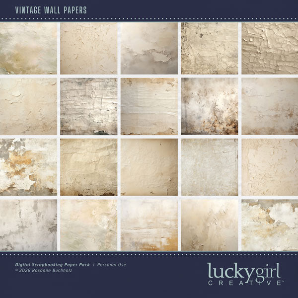 With distressed plaster and peeling paint, these digital scrapbooking background papers by Lucky Girl Creative digital art will add that touch of interest and authenticity to all your pages. This kit is included in the Paper Duo Vintage Maps Kit.