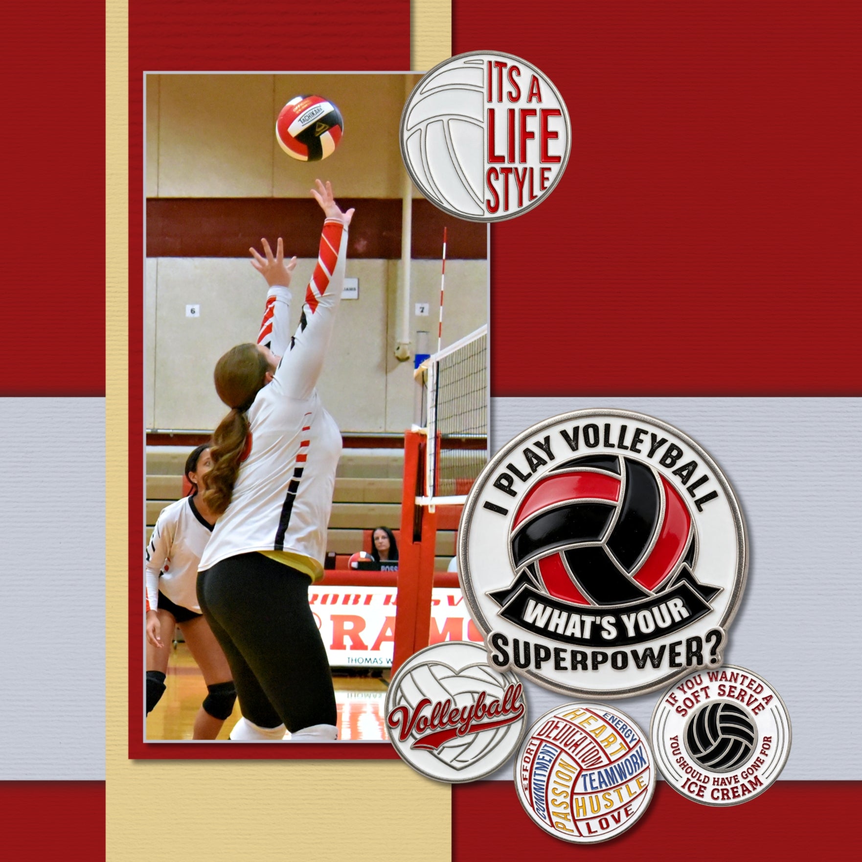 Accent your volleyball digital scrapbooking pages with these fun enamel pins by Crafty Clover digital art great for a team, player, coach, and volleyball sport fan! Embellishments include phrases such as All American Player, Bump Set Spike, Its a Lifestyle, Play Hard or Go Home, Stressed Blessed and Volleyball Obsessed, I Play Volleyball, What's Your Superpower?, Serve Joy, If You Wanted a Soft Serve, You Should Have Gone for Ice Cream, Volleyball Queen, You Just Got Served, and Volleyball.