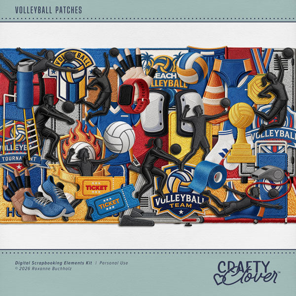 Accent your volleyball digital scrapbooking pages with these fun embroidered patches by Lucky Girl Creative digital art great for a team, player, coach, and volleyball sport fan! Embellishments include red card, yellow card, cone, court, duffle bag, flag, hand, tape, knee pads, locker, logo, patch, volleyball, beach volleyball, medal, net, player, bump, set, serve, scoreboard, sneakers, shoes, socks, sports tape, tickets, towel, treadmill, trophy, referee stand, umpire stand, chair, athletic, shorts, shirt,