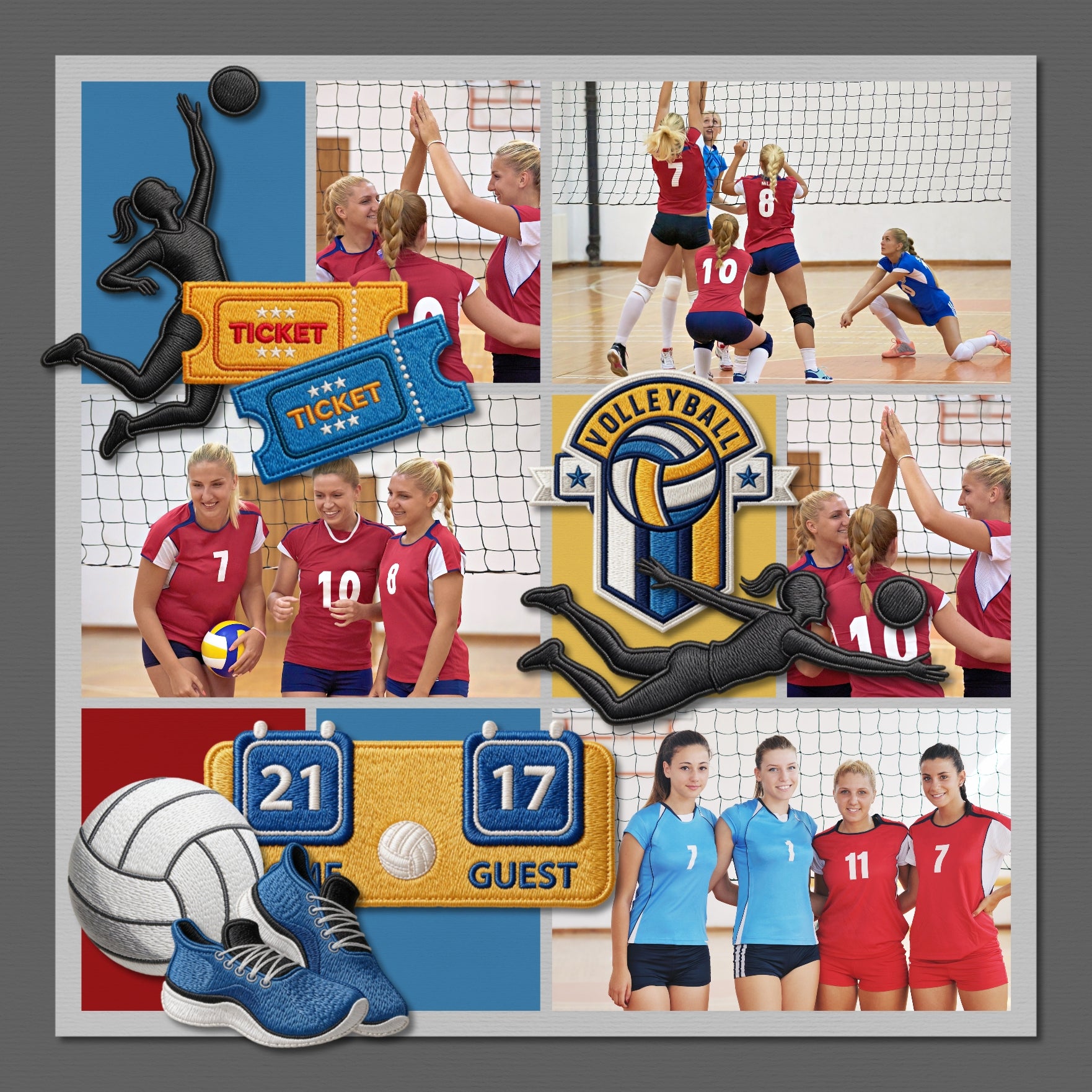 Accent your volleyball digital scrapbooking pages with these fun embroidered patches by Lucky Girl Creative digital art great for a team, player, coach, and volleyball sport fan! Embellishments include red card, yellow card, cone, court, duffle bag, flag, hand, tape, knee pads, locker, logo, patch, volleyball, beach volleyball, medal, net, player, bump, set, serve, scoreboard, sneakers, shoes, socks, sports tape, tickets, towel, treadmill, trophy, referee stand, umpire stand, chair, athletic, shorts, shirt,