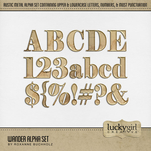 Create beautiful page titles with these golden metal digital scrapbooking alphabet letters, numbers, and punctuation by Lucky Girl Creative digital art. Perfect for everyday pages and travel vacations. The Wander Alpha Set consists of a full set of digital art uppercase letters A-Z, lowercase letters a-z, numbers 0-9, and most punctuation marks. This alpha set is available as individual embellishments only. This kit is included in the Travel Landmarks Watercolor Mega Bundle.