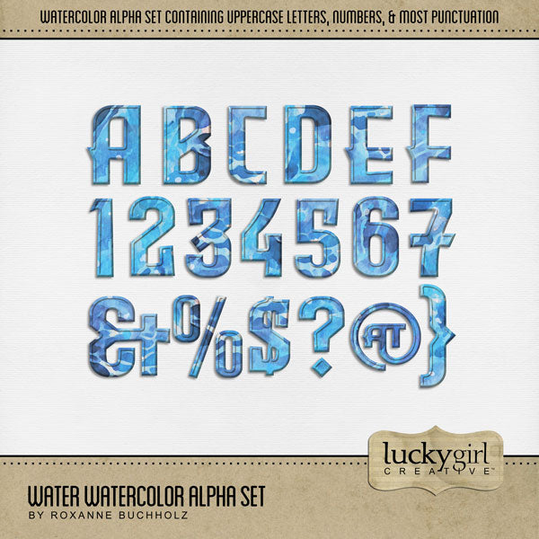 Create beautiful outdoor and nature page titles with these blue water digital scrapbooking watercolor alphabet letters, numbers, and punctuation by Lucky Girl Creative digital art for digital scrapbooking. Perfect for beach, ocean, and sea vacations, pool parties, swimming, lake and river trips, summer fun, and more! The Water Watercolor Alpha Set consists of a full set of digital art uppercase letters A-Z, numbers 0-9, and most punctuation marks. This alpha is available as individual embellishments only.