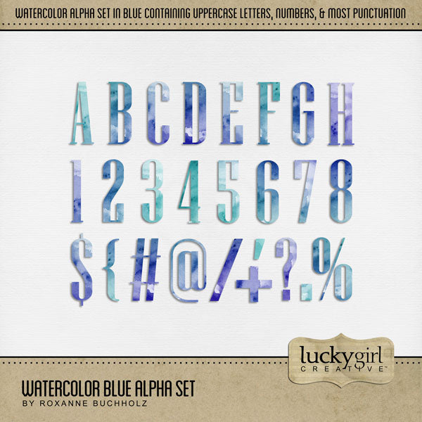 Add these beautiful watercolor letters, numbers, and punctuation by Lucky Girl Creative digital art to all your digital scrapbooking pages and mix-and-match them on various projects throughout the year! Great for any occasion and theme! The Watercolor Blue Alpha Set consists of a full set of digital art uppercase alphabet letters A-Z, numbers 0-9, and most punctuation marks. 