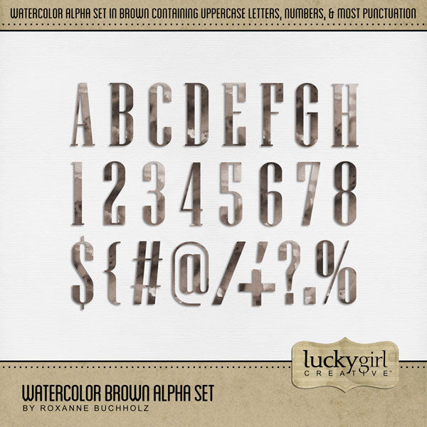 Add these beautiful watercolor letters, numbers, and punctuation by Lucky Girl Creative digital art to all your digital scrapbooking pages and mix-and-match them on various projects throughout the year! Great for any occasion and theme! The Watercolor Brown Alpha Set consists of a full set of digital art uppercase alphabet letters A-Z, numbers 0-9, and most punctuation marks. This alpha set is available as individual embellishments only. This kit is included in the Europe Watercolor Bundle 1.