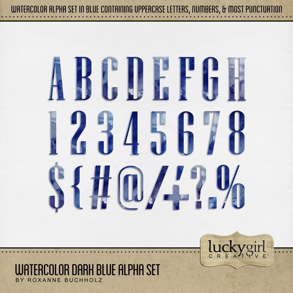 Add these beautiful watercolor letters, numbers, and punctuation by Lucky Girl Creative digital art to all your digital scrapbooking pages and mix-and-match them on various projects throughout the year! Great for any occasion and theme! The Watercolor Dark Blue Alpha Set consists of a full set of digital art uppercase alphabet letters A-Z, numbers 0-9, and most punctuation marks. This alpha set is available as individual embellishments only. This kit is included in the Eastern Europe Watercolor Bundle.