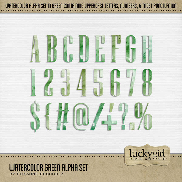 Add these beautiful green watercolor letters, numbers, and punctuation by Lucky Girl Creative digital art to all your digital scrapbooking pages and mix-and-match them on various projects throughout the year including spring, garden, and St. Patrick's Day! Great for any occasion and theme! The Watercolor Green Alpha Set consists of a full set of digital art uppercase alphabet letters A-Z, numbers 0-9, and most punctuation marks. This alpha set is available as individual embellishments only. 