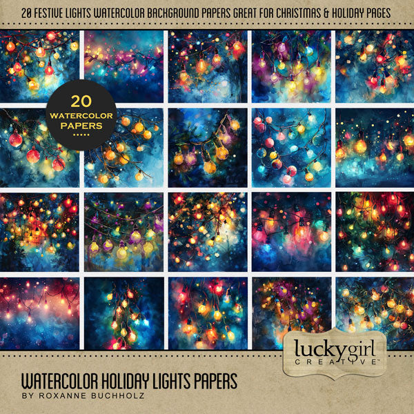 Shine bright this holiday season with these playful watercolor background papers by Lucky Girl Creative digital art featuring brightly colored hanging Christmas lights. Great for birthday and celebrations, too! This digital scrapbooking kit is included in the Holiday Bright Lights Bundle.